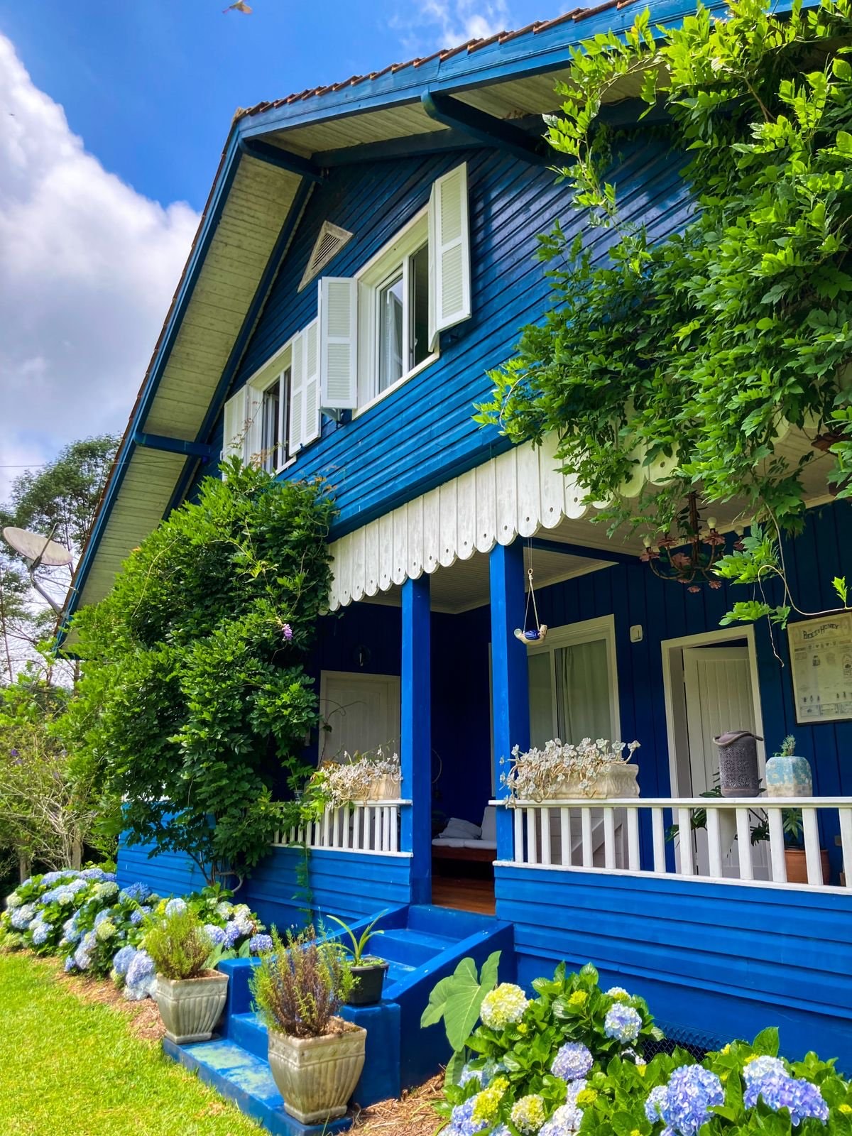 Fachada da casa com hortênsias