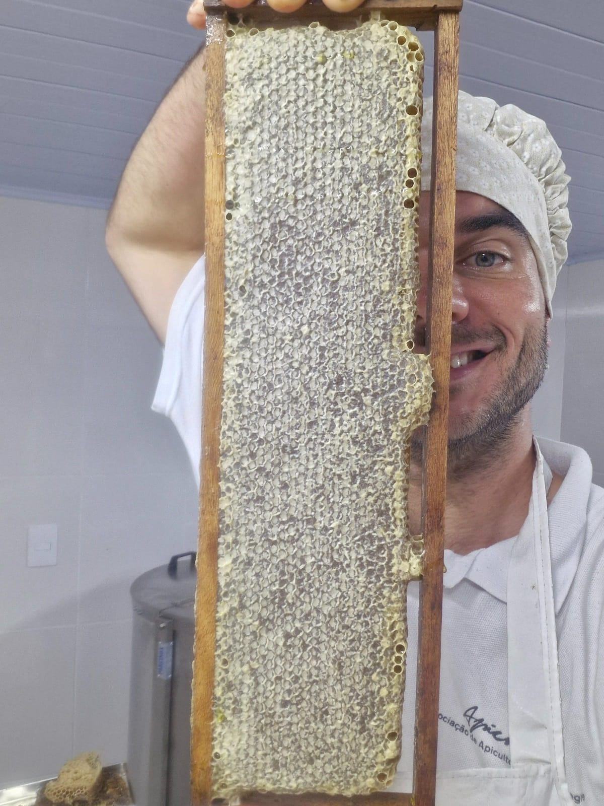 Alexandre Reichel segurando um favo de mel recém-colhido